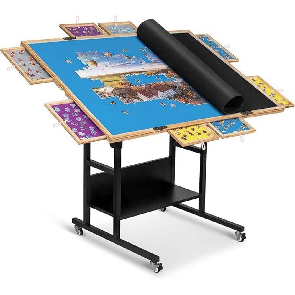Tilting Puzzle Table with 8 Sorting Drawers Height Adjustable Rolling Desk Blue